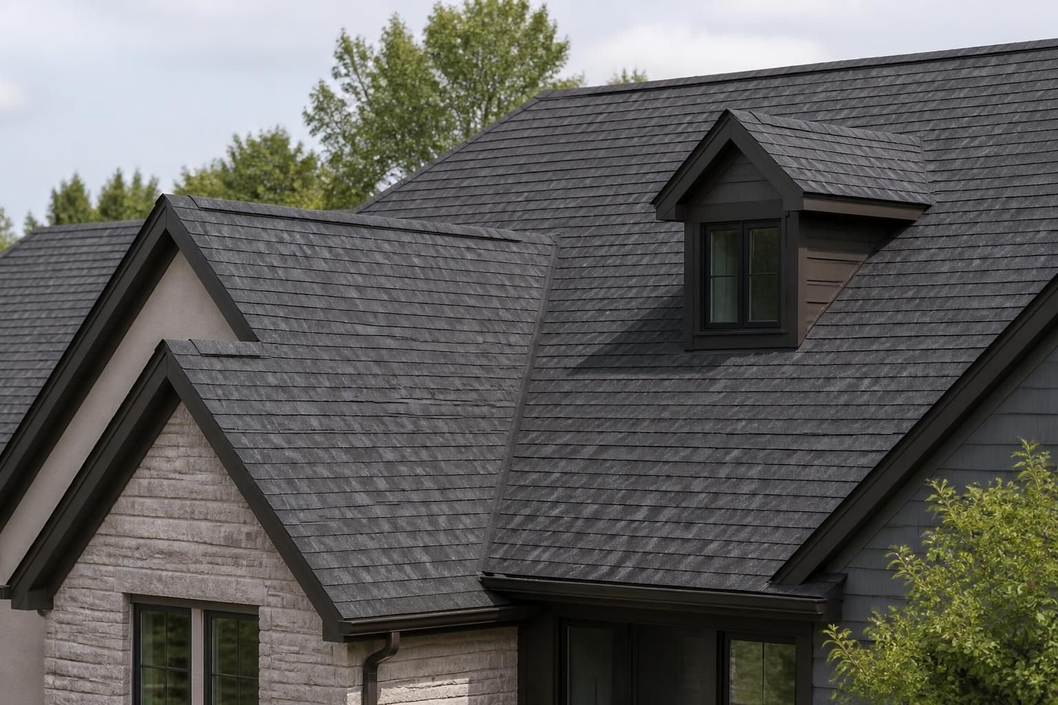 Wide view of a repaired modern residential roof in natural daylight.