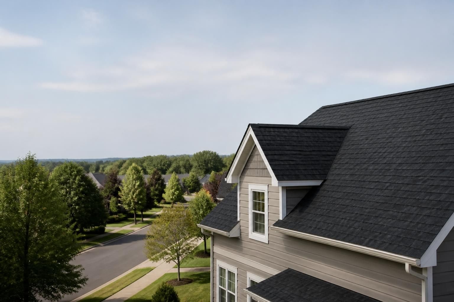 Residential neighborhood view with a clean finished roof and open space.